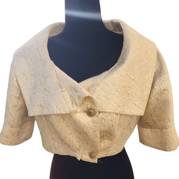 Luxurious Gold Brocade Jacquard Designer Jacket Cardigan Coat Bolero Cover Cape - Picture 6 of 16